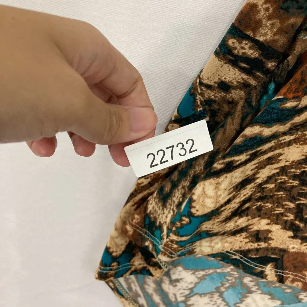 Dressbarn size 14/16‎ Brown Blue Abstract Boho Print Beaded Asymmetric Tunic
